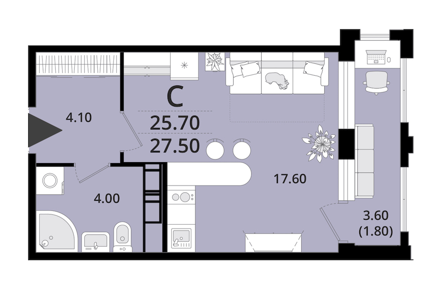 Квартира студия 27.5 м², 13/13 эт., ЖК «Тайм Сквер»